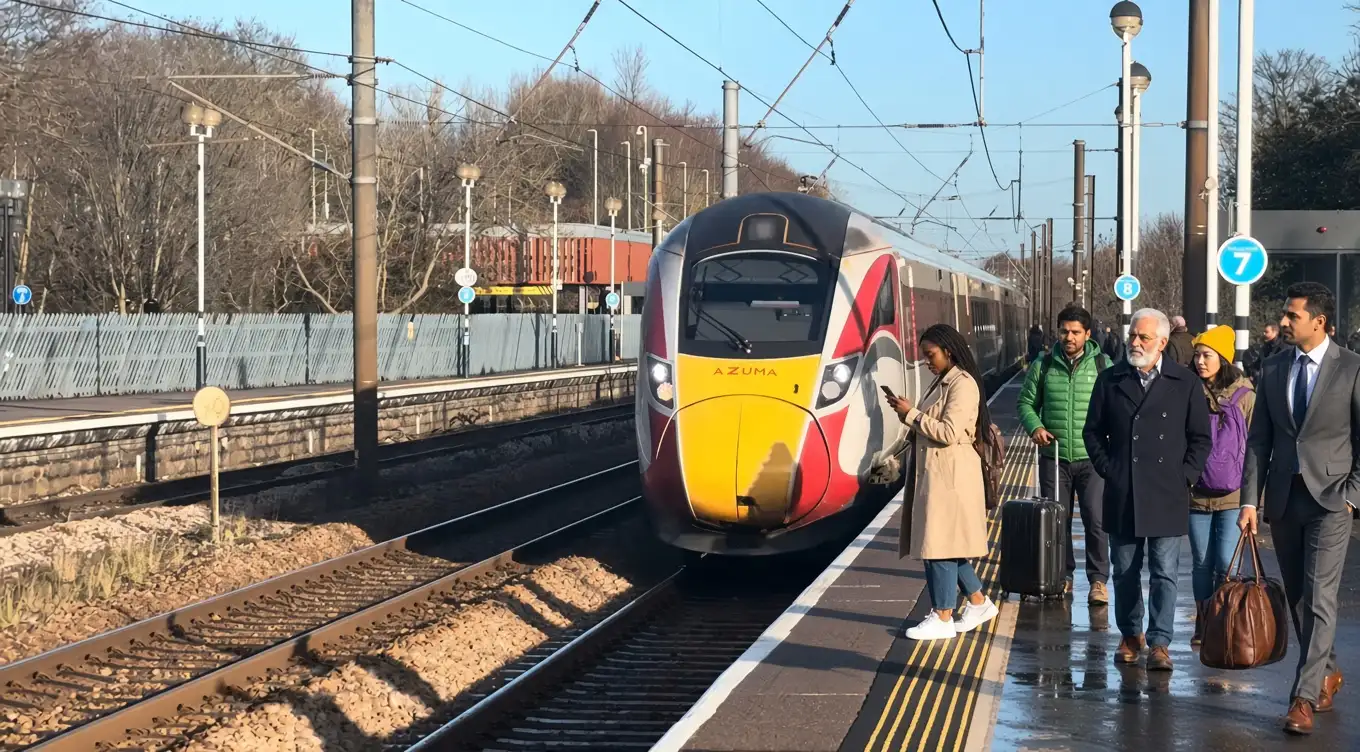 Passengers standing at Durham Station after being dropped off by a Dial Cabbies Taxi vehicle.